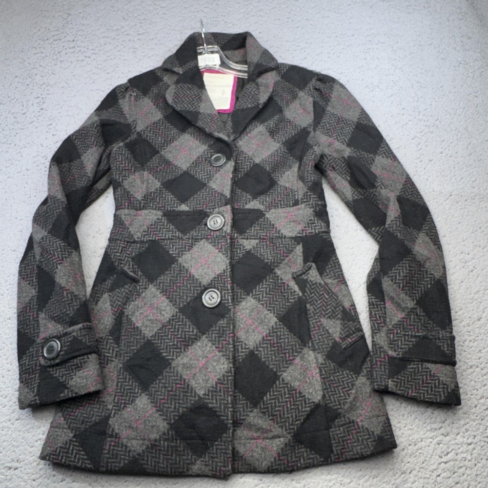 Aeropostale Coat Womens Small Gray Plaid Wool Blend Peacoat Button Lined Preppy